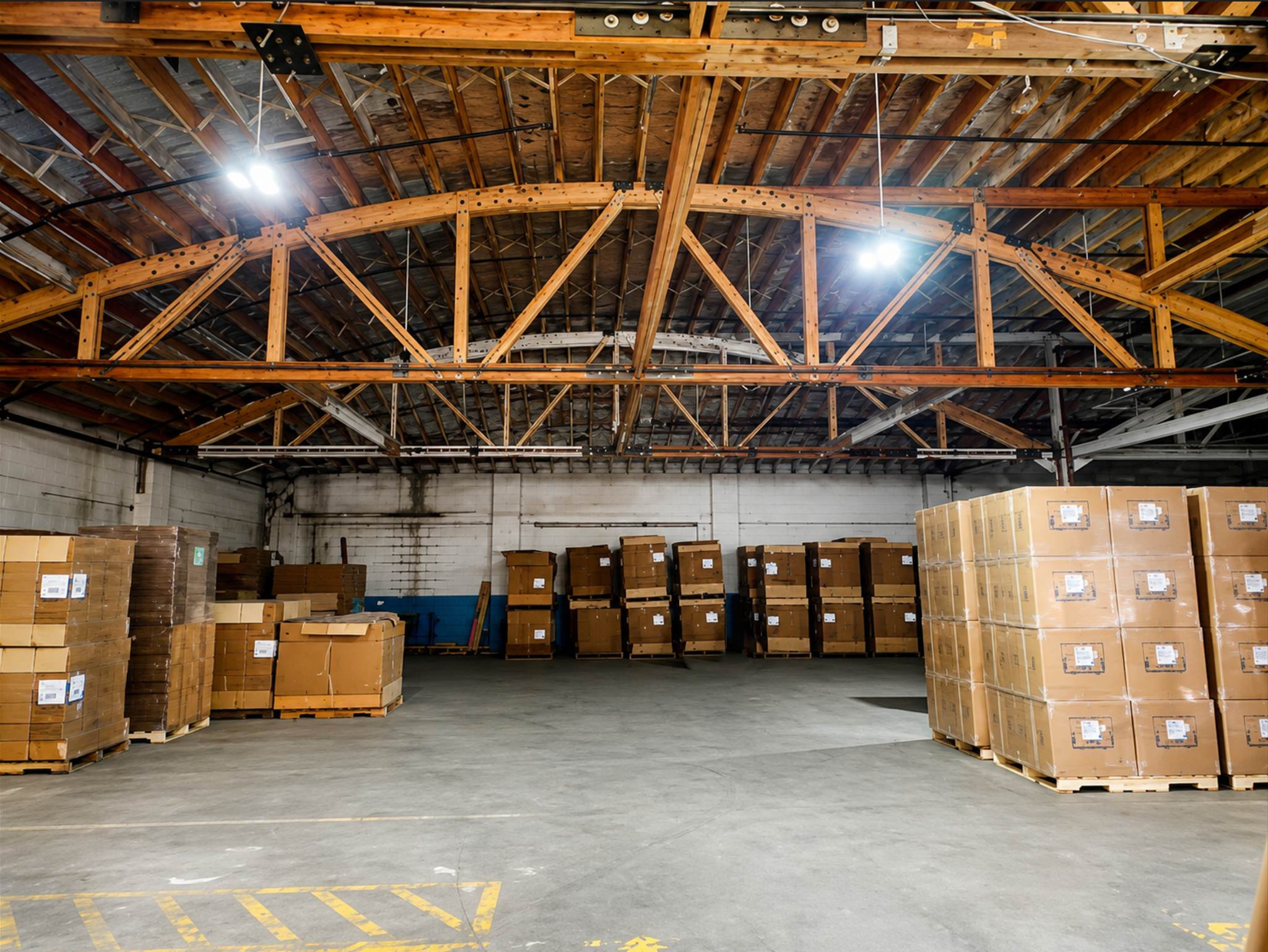 Reinforced wood roof trusses above a warehouse